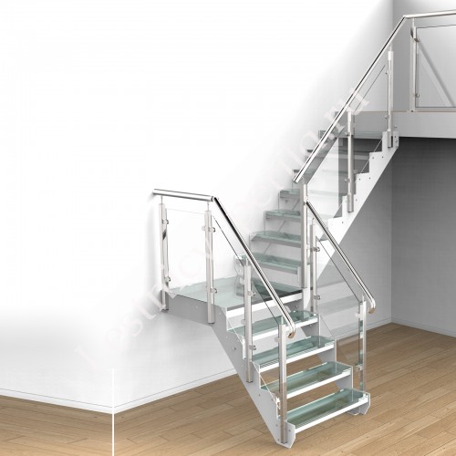 Г-образная лестница с площадкой со стеклянными ступенями СТ-2
